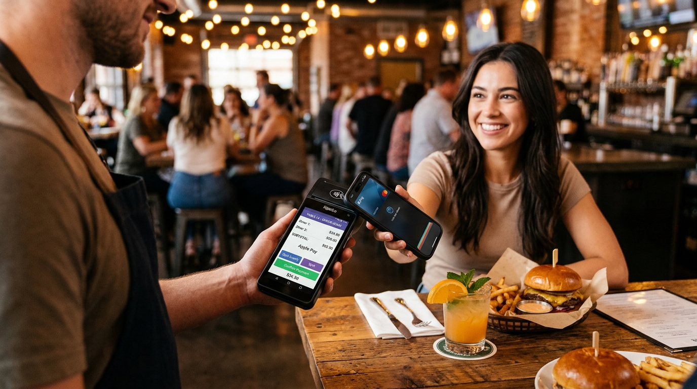 Diner tapping Apple Pay on wireless restaurant handheld POS