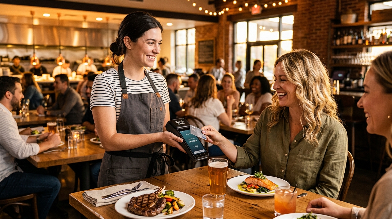 Server taking contactless payment at restaurant table