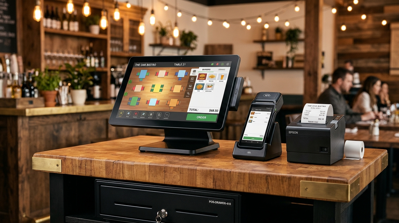 Complete AccuPOS Restaurant Hardware Bundle: 15-inch touchscreen terminal, wireless pay-at-table handheld, Epson receipt printer, and cash drawer